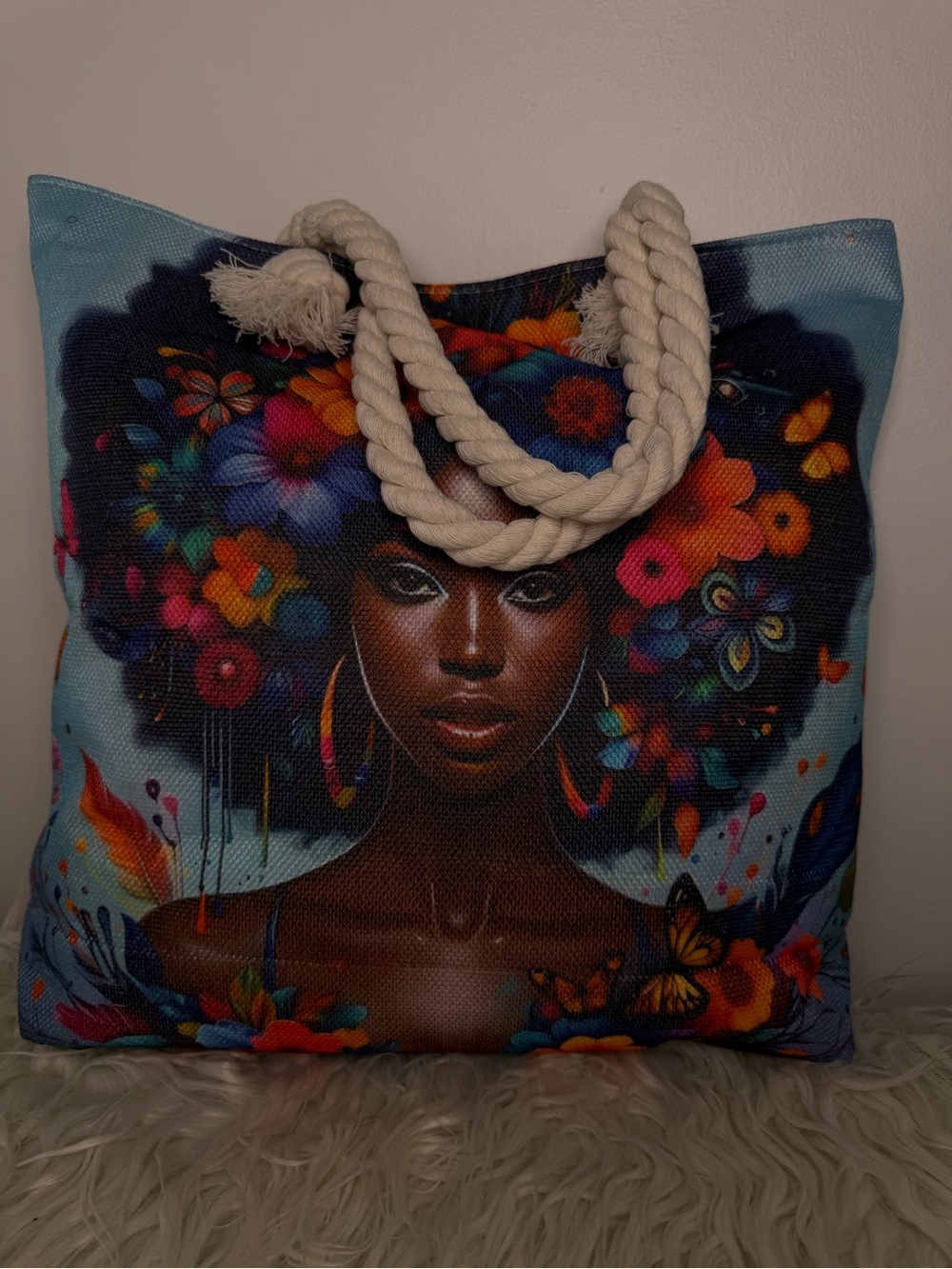 Vibrant Floral Afro Portrait Beach Tote - Blue